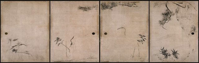長谷川等伯筆「松鶴図襖」８面のうちの４面（それぞれ縦１８２・５センチ、横１４３センチ、１６０２年）
