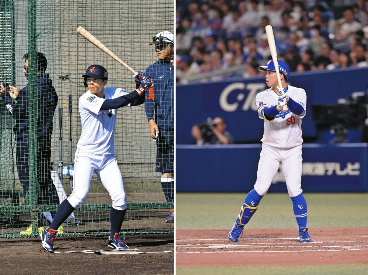 岡林の今季の打撃フォーム（右）、「侍ジャパン」での打撃練習（左）