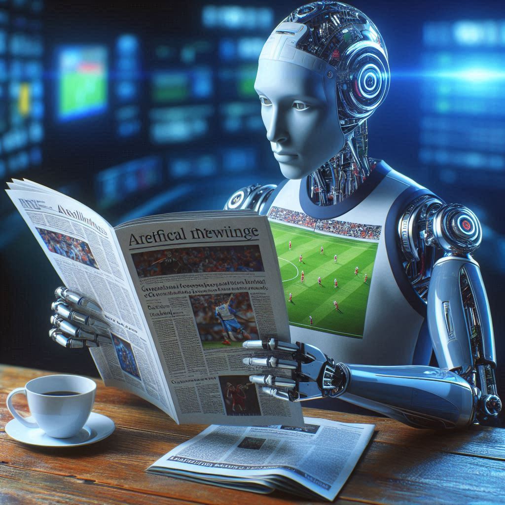 米マイクロソフト社の画像生成AI・DESIGNERが生成した「スポーツ新聞を読む人工知能のコンピューター」