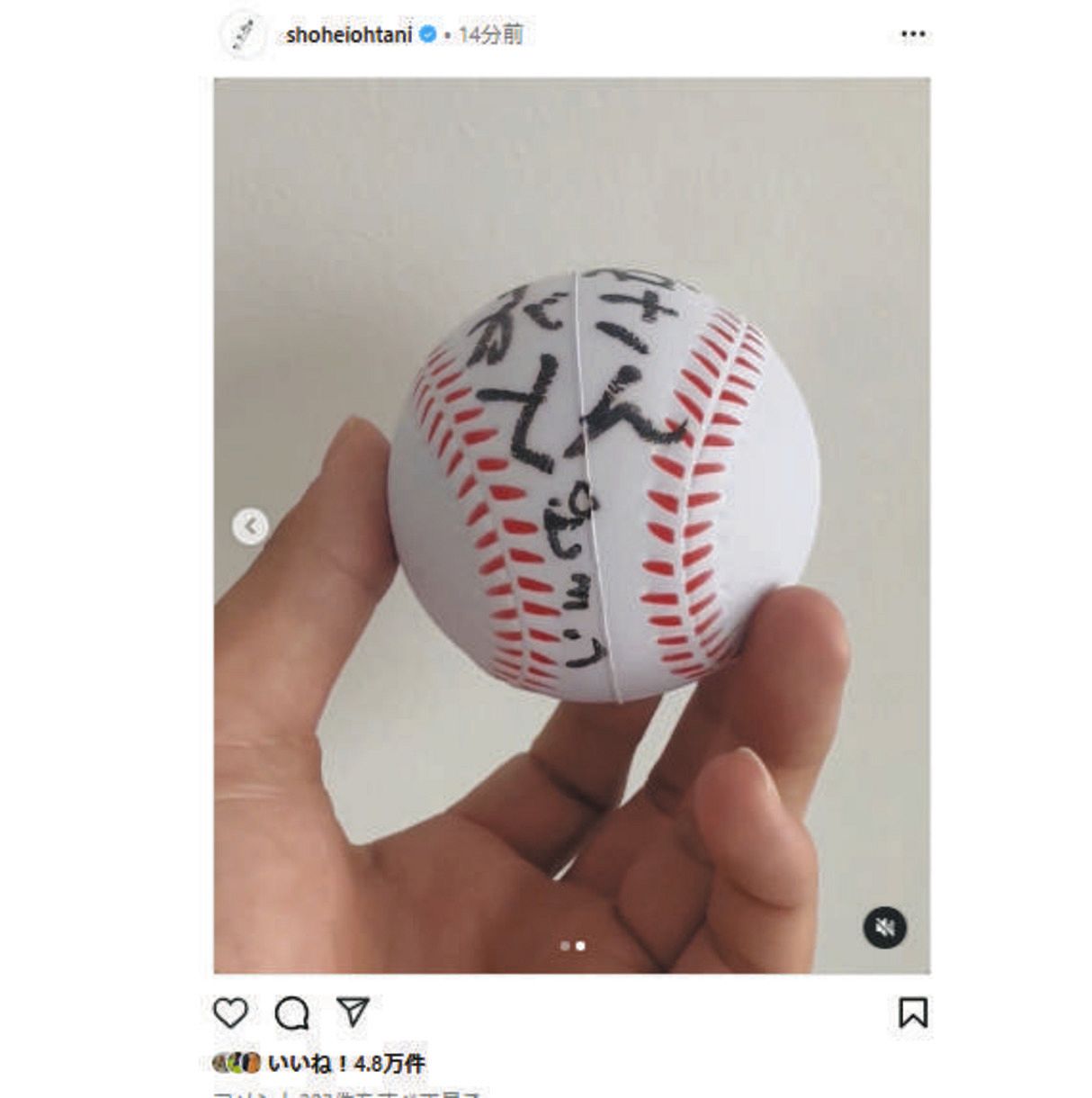 ◇大谷翔平、サイン入りおもちゃボールを投稿…書いたのは