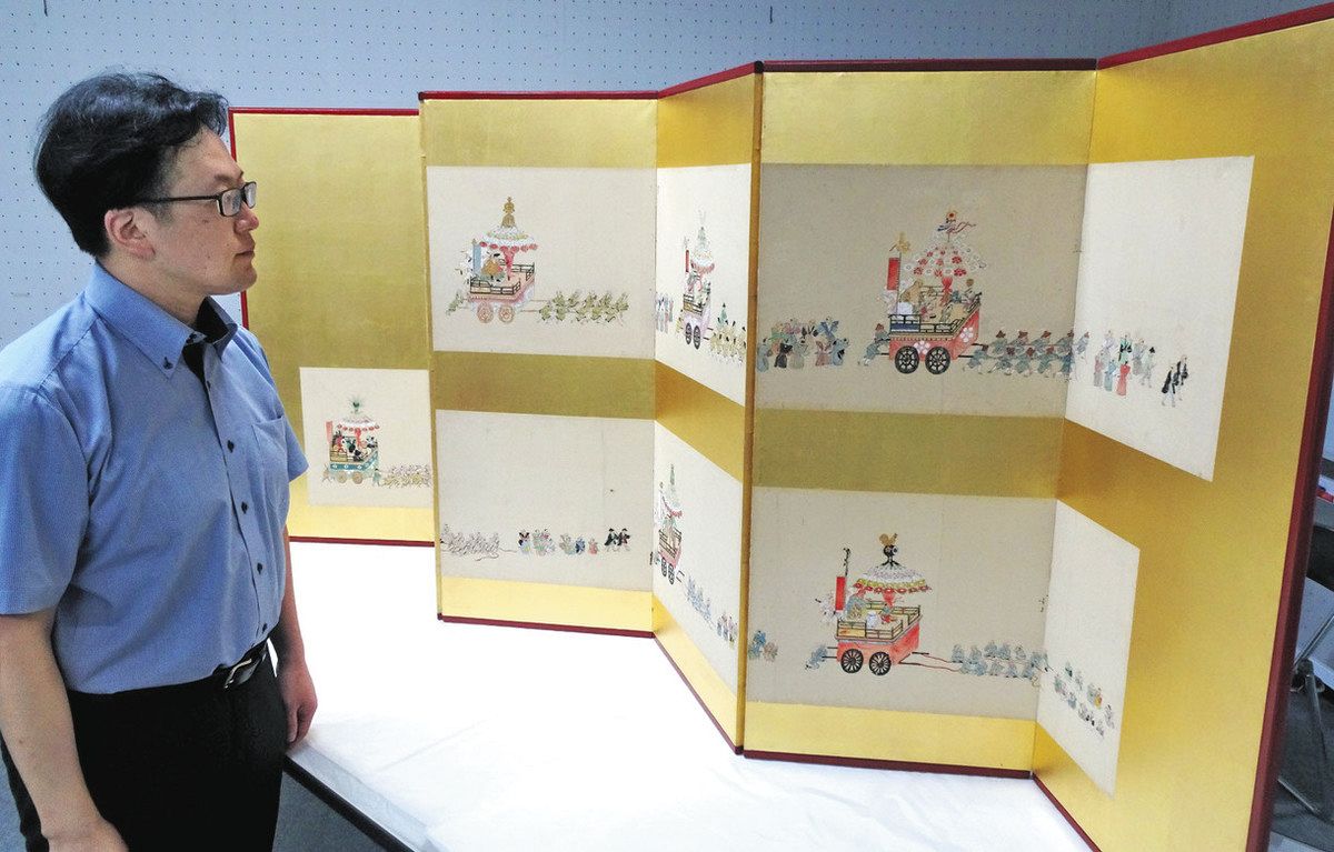 御車山祭 最古の絵公開 高岡市博物館 江戸後期の行列屛風 新収蔵「幻の