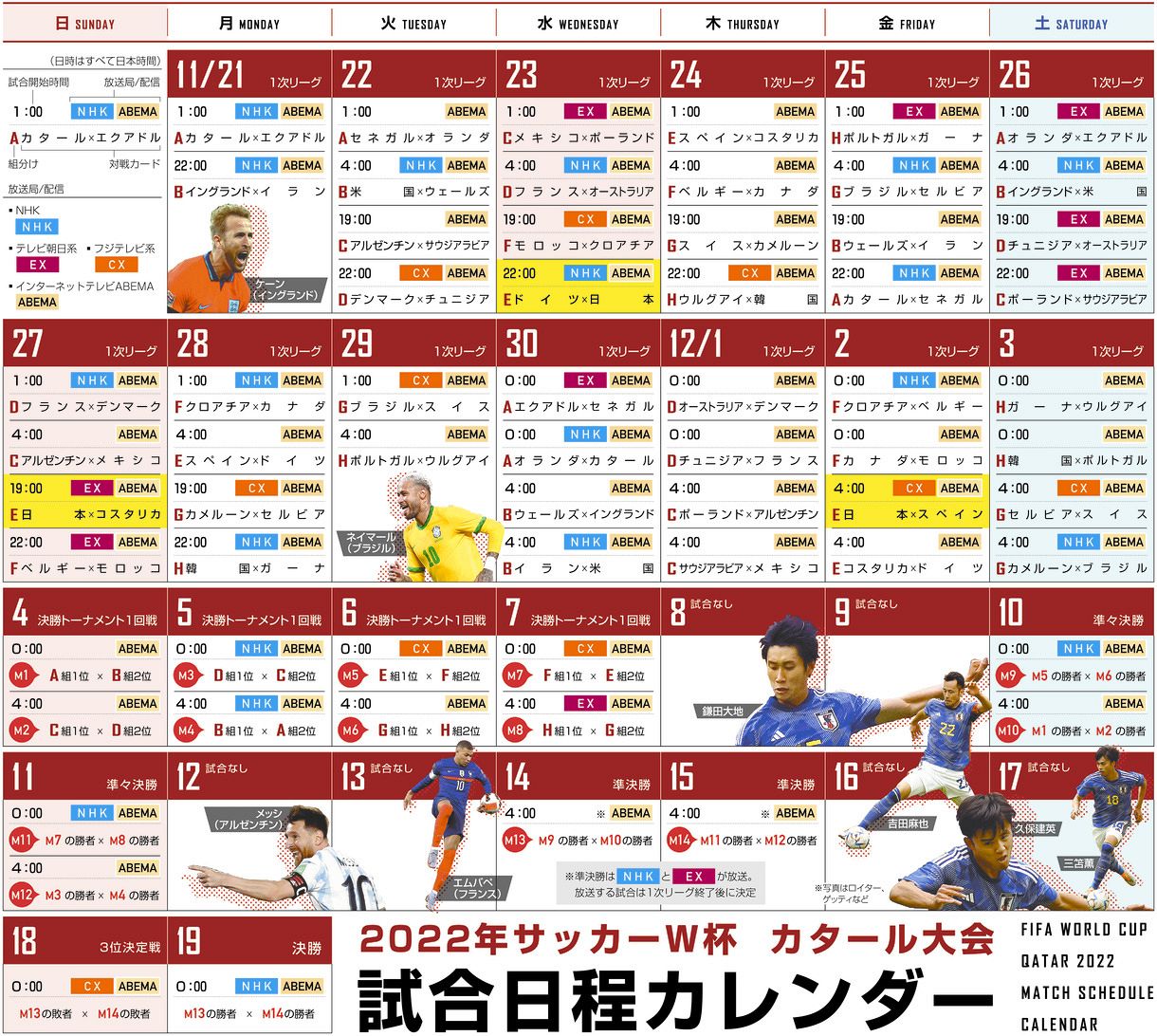 画像】カタールW杯・試合日程カレンダー：中日スポーツ・東京中