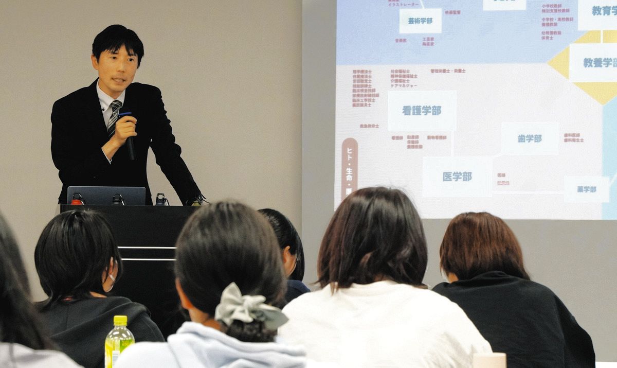 「志望校は大学での学び、学部から選んでほしい」と語りかける愛知県私立大学広報委員会の後藤憲浩さん＝名古屋市中村区のウインクあいちで
