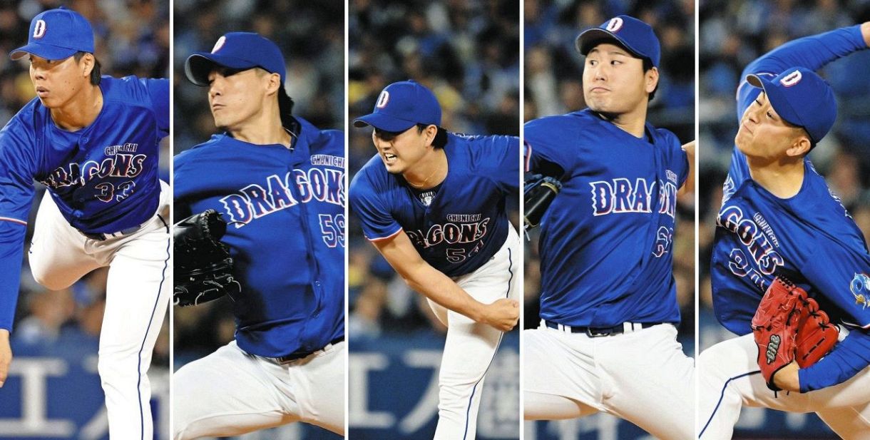 (左から)８回裏に登板した杉浦、９回裏に登板した斎藤、１０回裏に登板した藤嶋、１１回裏に登板した牧野、１２回裏に登板した松山