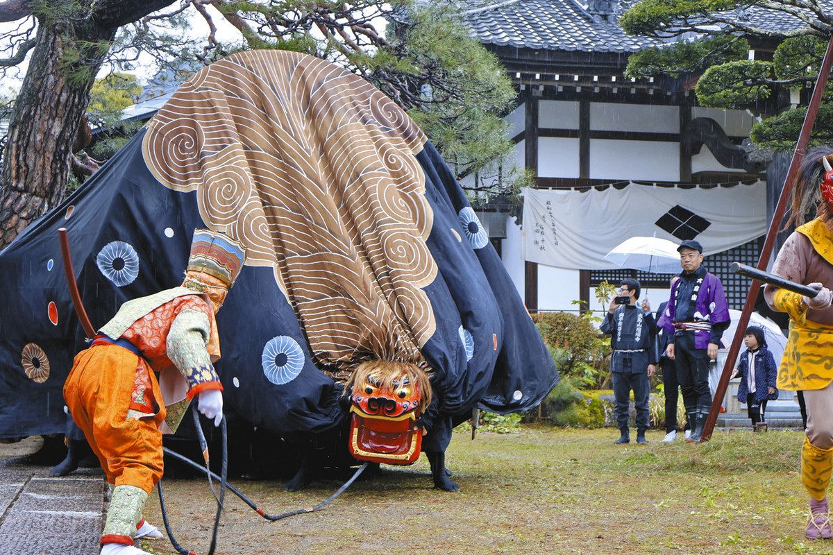 大迫力！子どもら「ガオー」 高森の大島山獅子舞、雨の中で奉納：中日