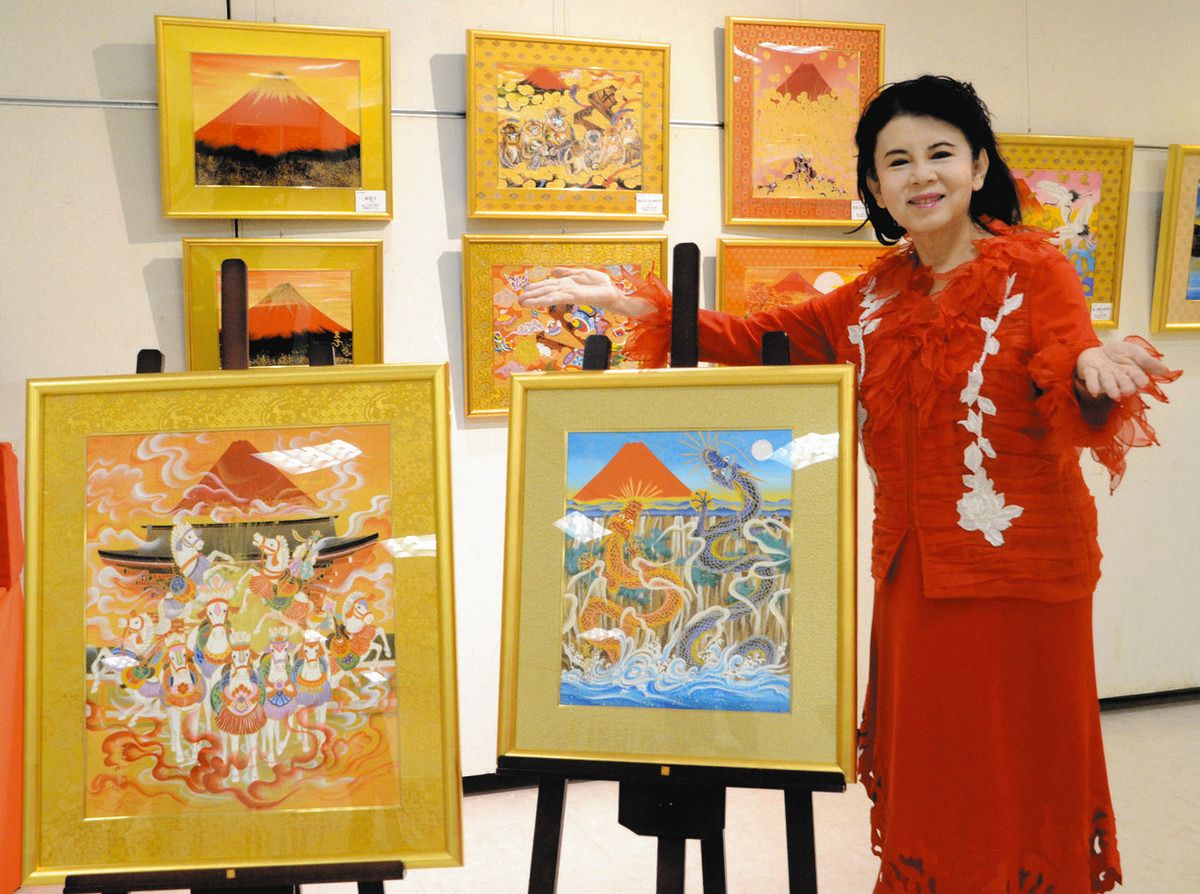 あいはらさん「絵を見て元気になって」 長野・山形村で赤富士絵画展