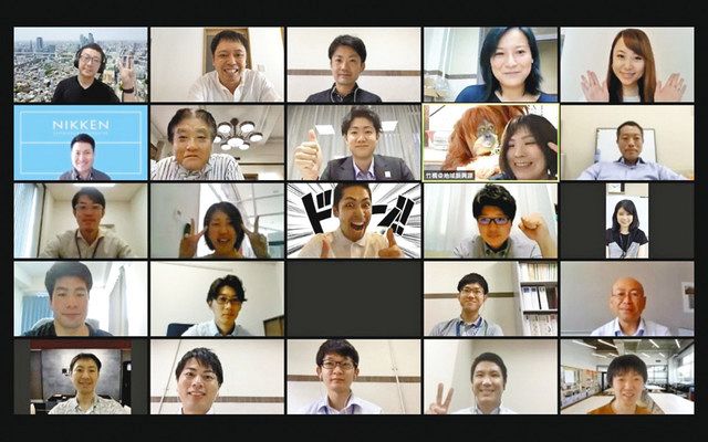 オンライン会議で意見を交わす参加者と河村市長（上から２段目、左から２人目）ら 