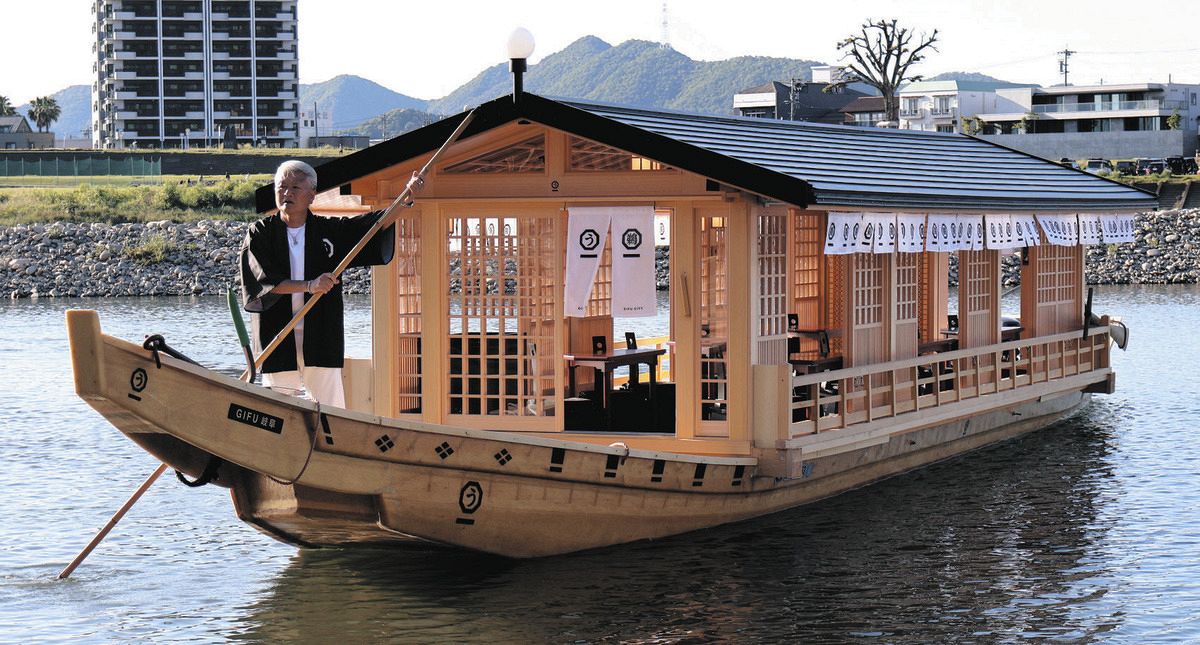 千P⑫夕日にボートと鳥　ジグソーパズル　金属額　長良川の鵜飼？夕暮れに飛ぶ鵜かね 長良川鵜飼の超高級観覧船「鵜一」お披露目 水戸岡鋭治さんデザイン、1