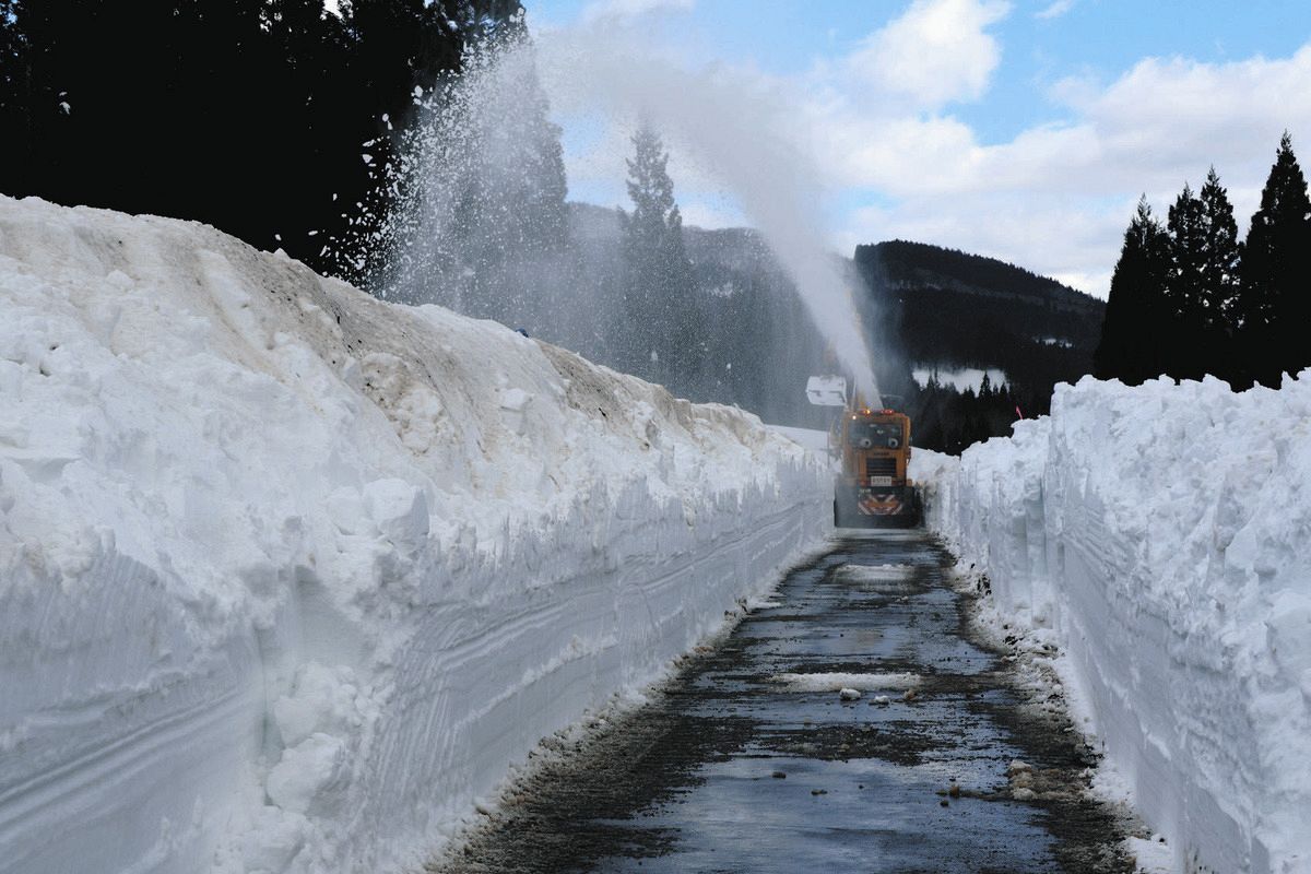 埋もれた校庭、雪の壁…「最強寒波」越えたのに 郡上市白鳥町石徹白：中