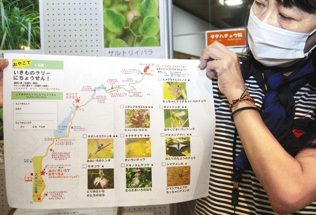 親子で散策しながら動植物を探す「いきものラリーにちょうせん！」＝浜松市浜北区の森林公園で 