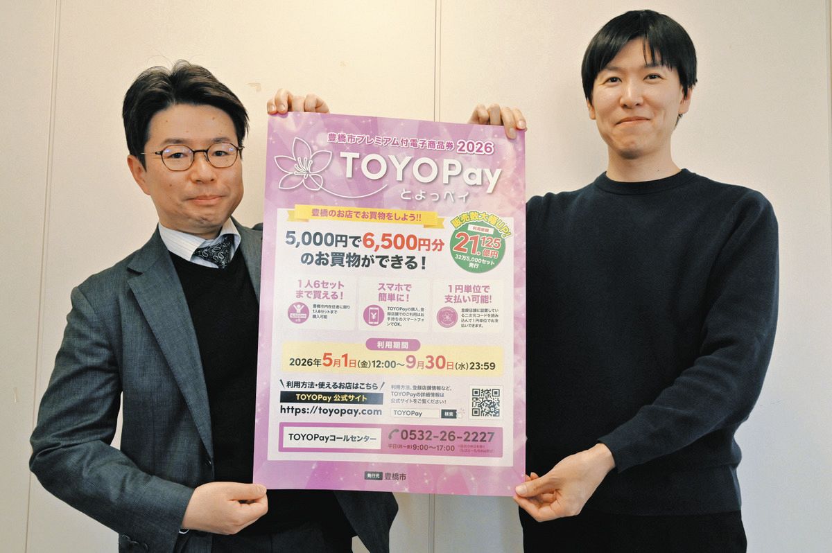 愛知県豊橋市がプレミアム付き商品券「TOYOPay」発行 5000円で6500円分