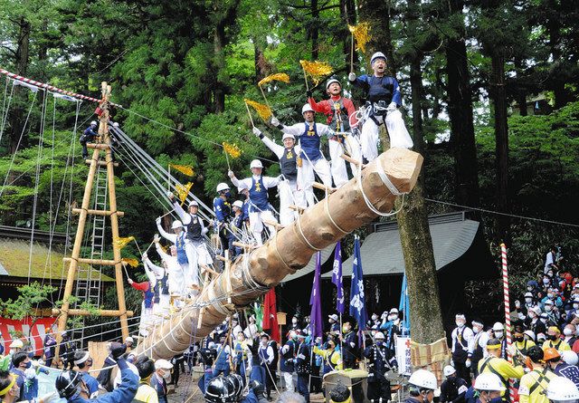 御柱　諏訪 八本の建御柱を建立 諏訪大社御柱祭・上社里曳き最終日：中日新聞Web