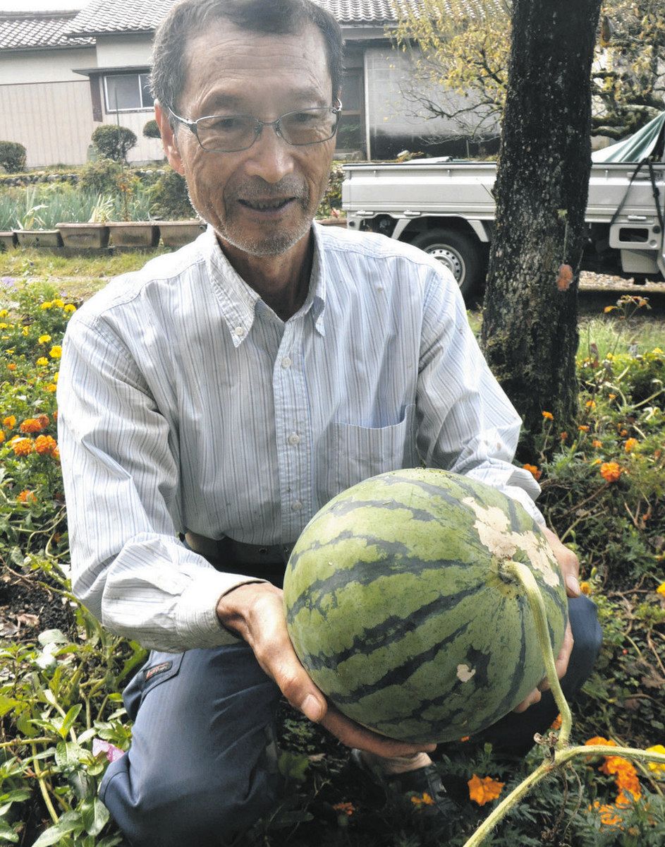 季節外れのスイカを手にほほ笑む原さん＝中津川市駒場で
