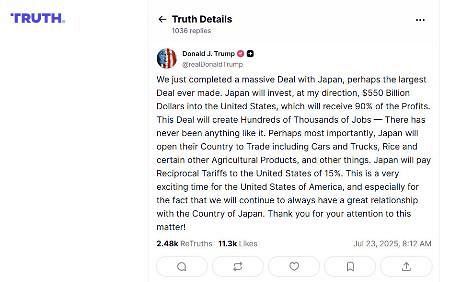 日米関税交渉が合意したと書き込んだトランプ米大統領の投稿（SNSトゥルース・ソーシャルから）