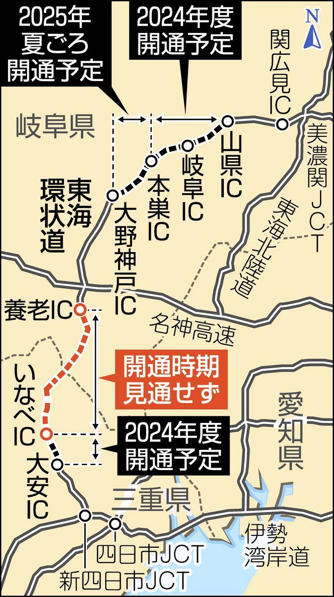 東海環状自動車道、養老IC―いなべIC間の開通遅れる見通し 時期未定