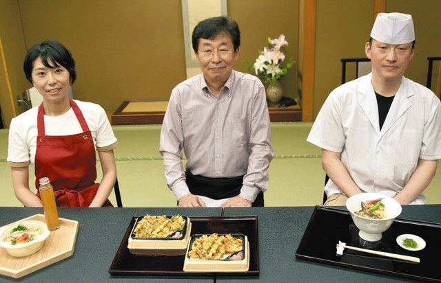 アユと県産の野菜などを組み合わせた丼料理＝岐阜市米屋町のひら井で 