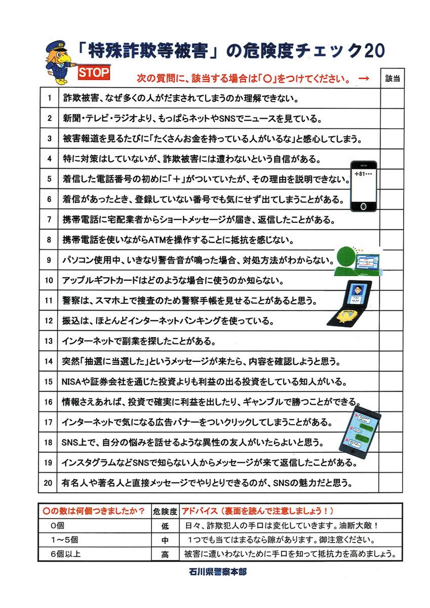 怪しい電話 見抜けますか？ 県警 詐欺危険度チェック表を作成：北陸中