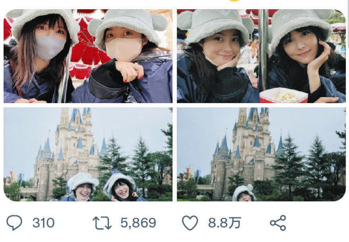 ◇橋本環奈＆浜辺美波、雨のディズニー ツーショット【写真】：中日