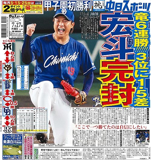 きょうの紙面：中日スポーツ・東京中日スポーツ