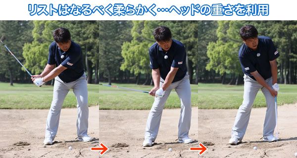 【左から】ヘッドの重さを落とすイメージで打つ　（中）ヘッドの重さを最大限に利用すれば最大限の力が砂に伝わる　（右）自分の力で砂に勝とうとしないように