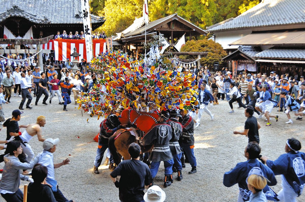 馬が背負った花串を奪い合う「花奪り」＝中津川市坂下で
