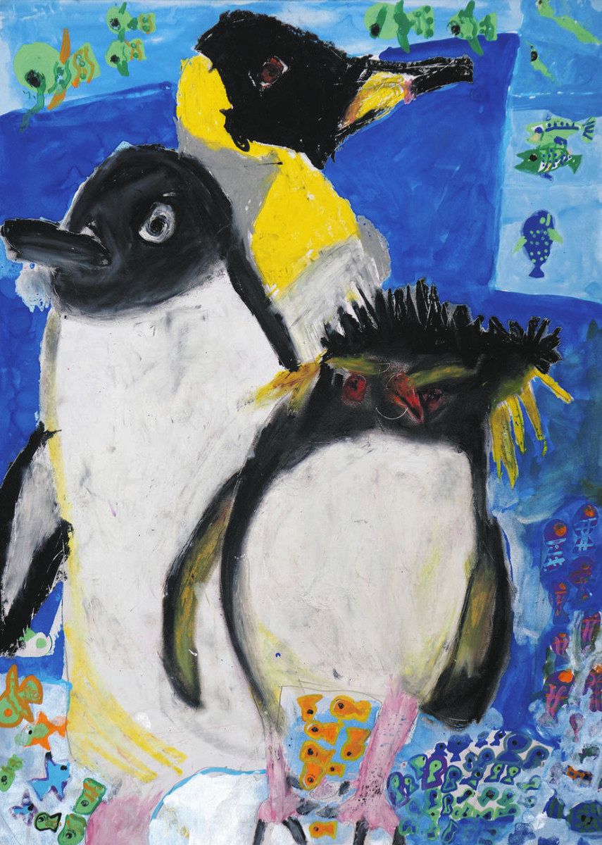 小学校 ペンギン版画 仲が良いペンギン描いた長浜北小4の伊藤さん