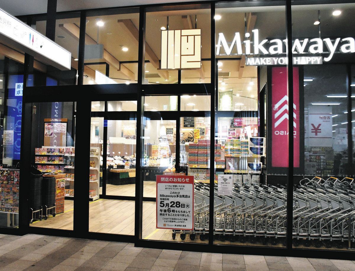 ミカワヤの入り口では貼り紙が閉店を伝えている＝多治見市本町でで