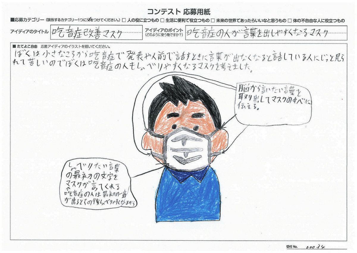伊藤君が応募用紙に記した「吃音症改善マスク」の仕組み＝樫尾俊雄記念財団提供 