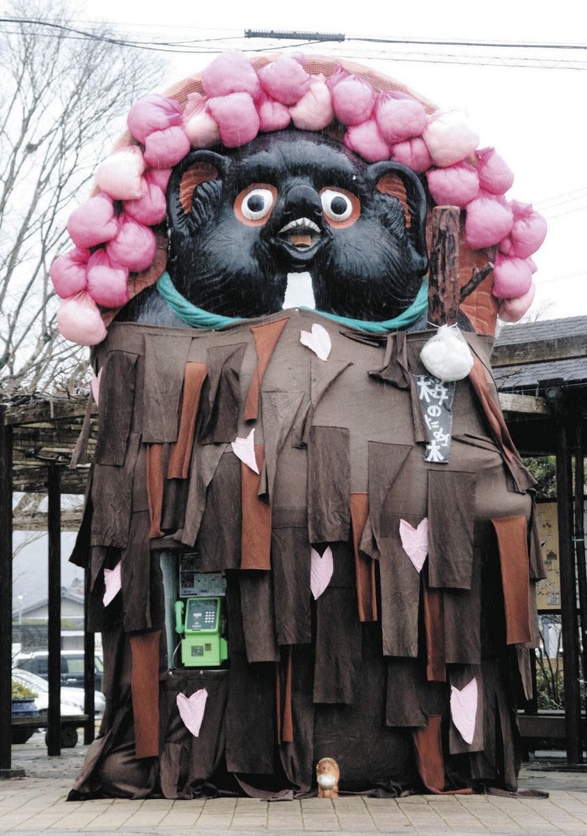 春は「桜たぬ木」 信楽駅前の大たぬき像、23日まで変身：中日新聞Web