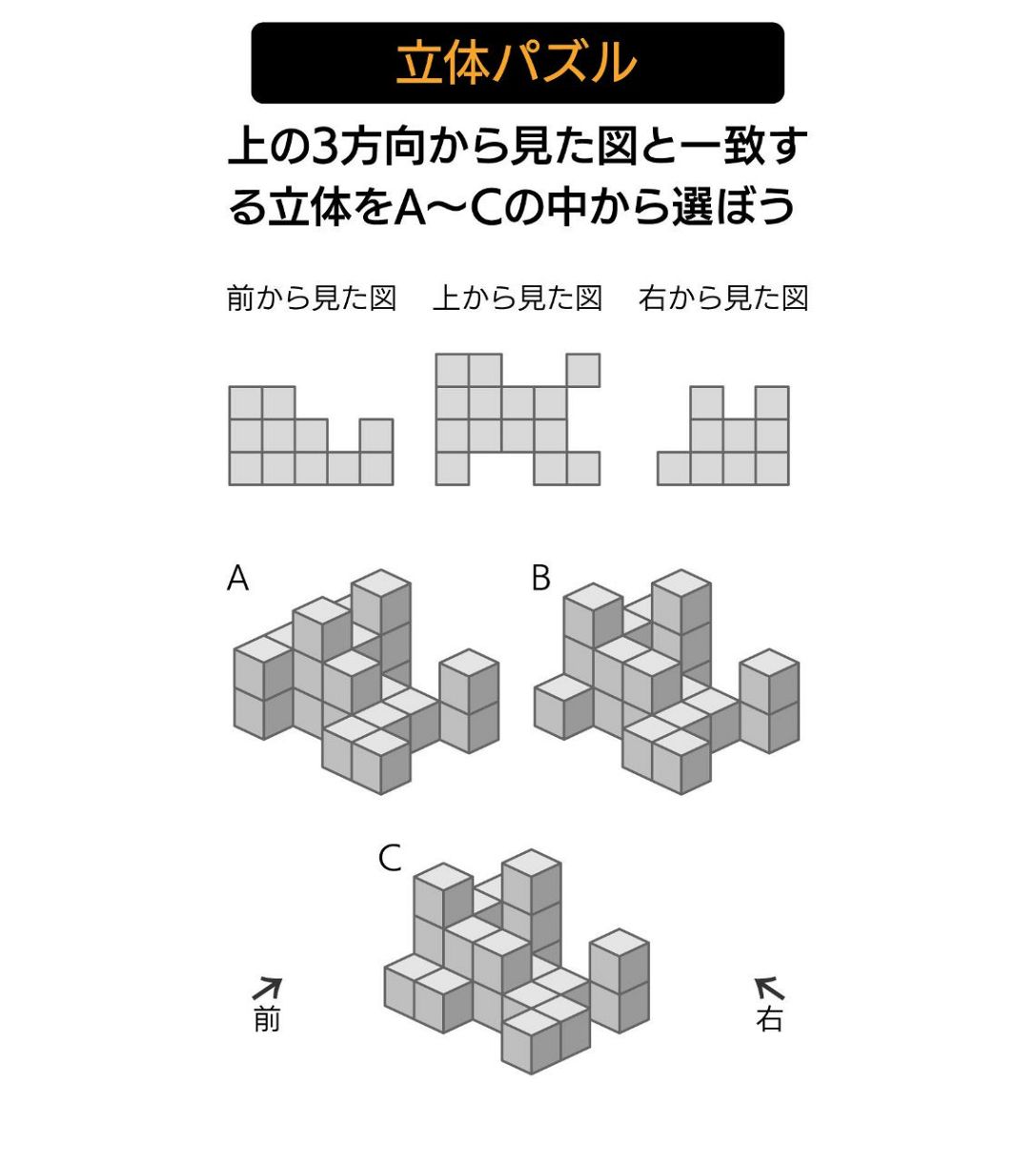 立体パズル】 上の3方向から見た図と一致する立体をA〜Cの中から選ぼう