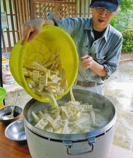 手作りした塩蔵メンマが希望者に配られる＝喬木村で（南信州地域振興局提供） 