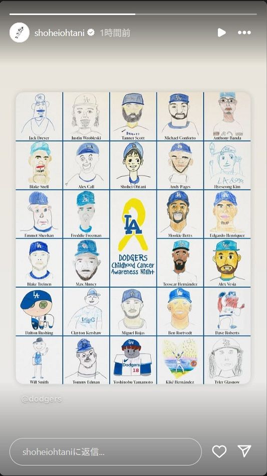 大谷翔平選手似顔絵 ◇かわいい大谷、レゴ風の由伸、ずらり並んだ似顔絵ドジャースナイン