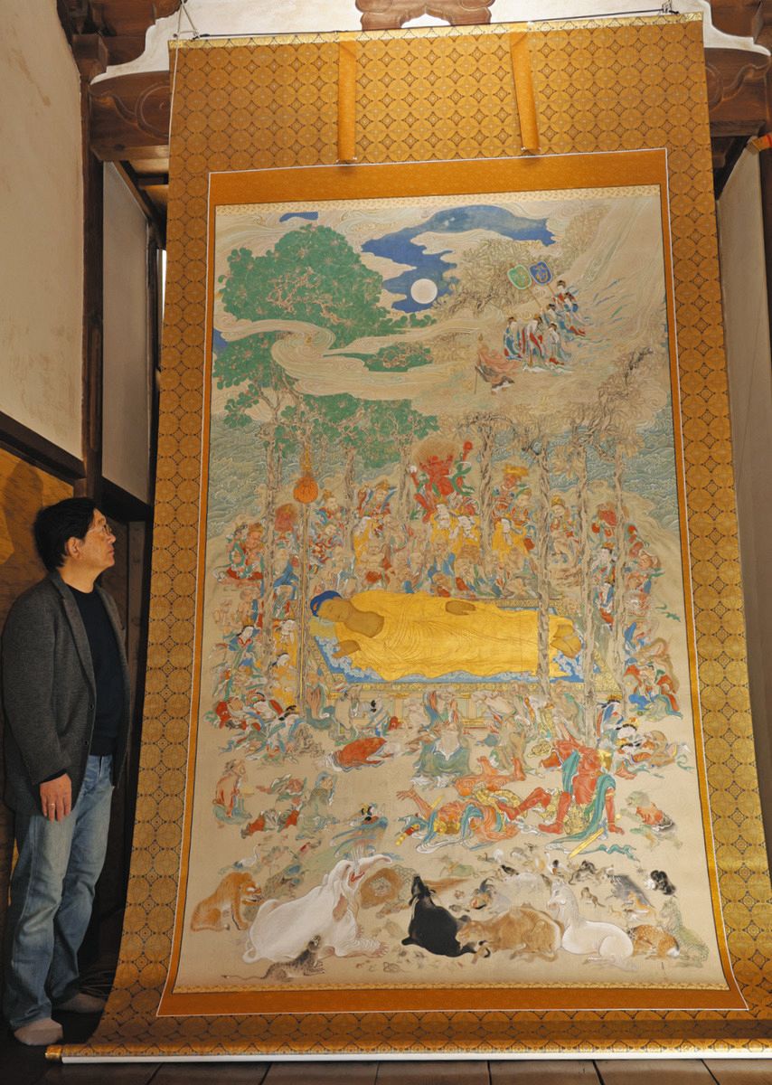 アンティーク 寺 釈尊御一代之画図 釈迦涅槃図 誕生釈迦如来立像 紙本 掛軸 アンティーク 寺 釈尊御一代之画図 釈迦涅槃図 誕生釈迦如来立像 紙本