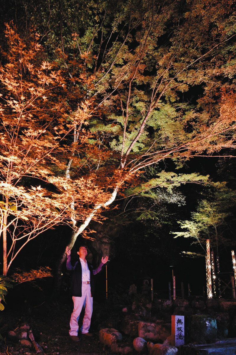 色づくモミジをライトアップ 12日まで土岐の穴弘法、土・日曜に野外