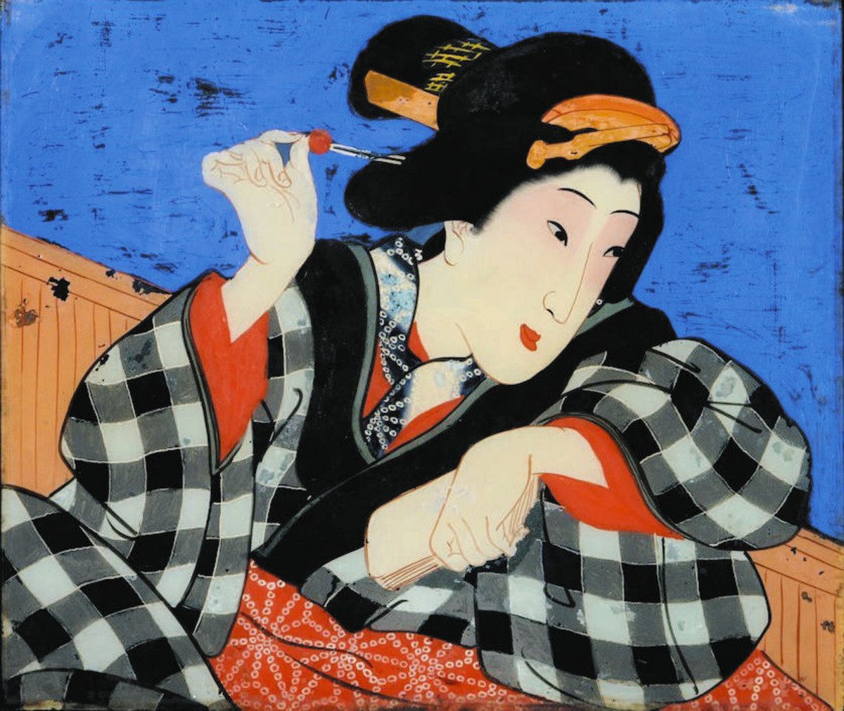 ガラス絵「八朔の花と喇叭」 大（だい）ガラス絵（え）展（てん）」（中（ちゅう））：中日新聞