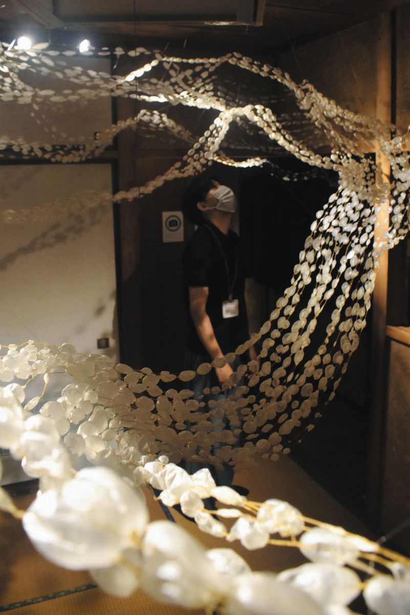 ヒツジの腸を使った、O33さんの作品＝津市久居本町で
