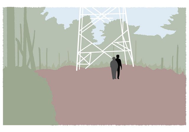 関西電力の鉄塔下で、捜査員の前に阪原さん(左)が立っているような写真のイメージ