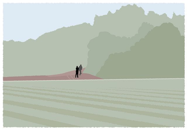 山の入り口で、阪原さん(右)が山の方向を向き、後ろに同じ向きの捜査員が立っている写真のイメージ