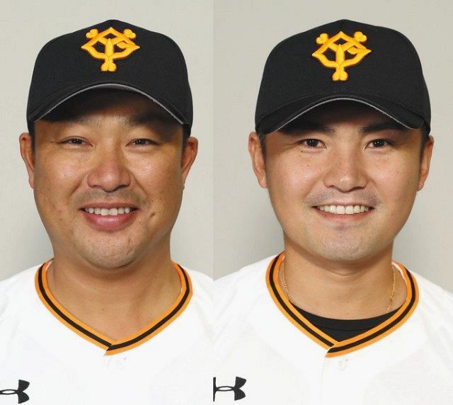巨人の村田修一2軍野手総合コーチ（左）と杉内俊哉2軍投手コーチ
