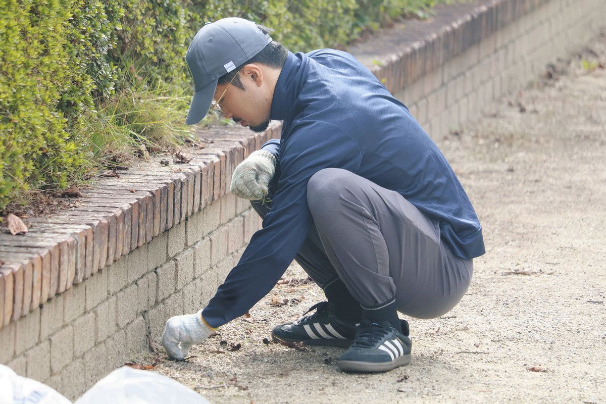 作業する田中さん＝多治見市弁天町の虎渓公園で
