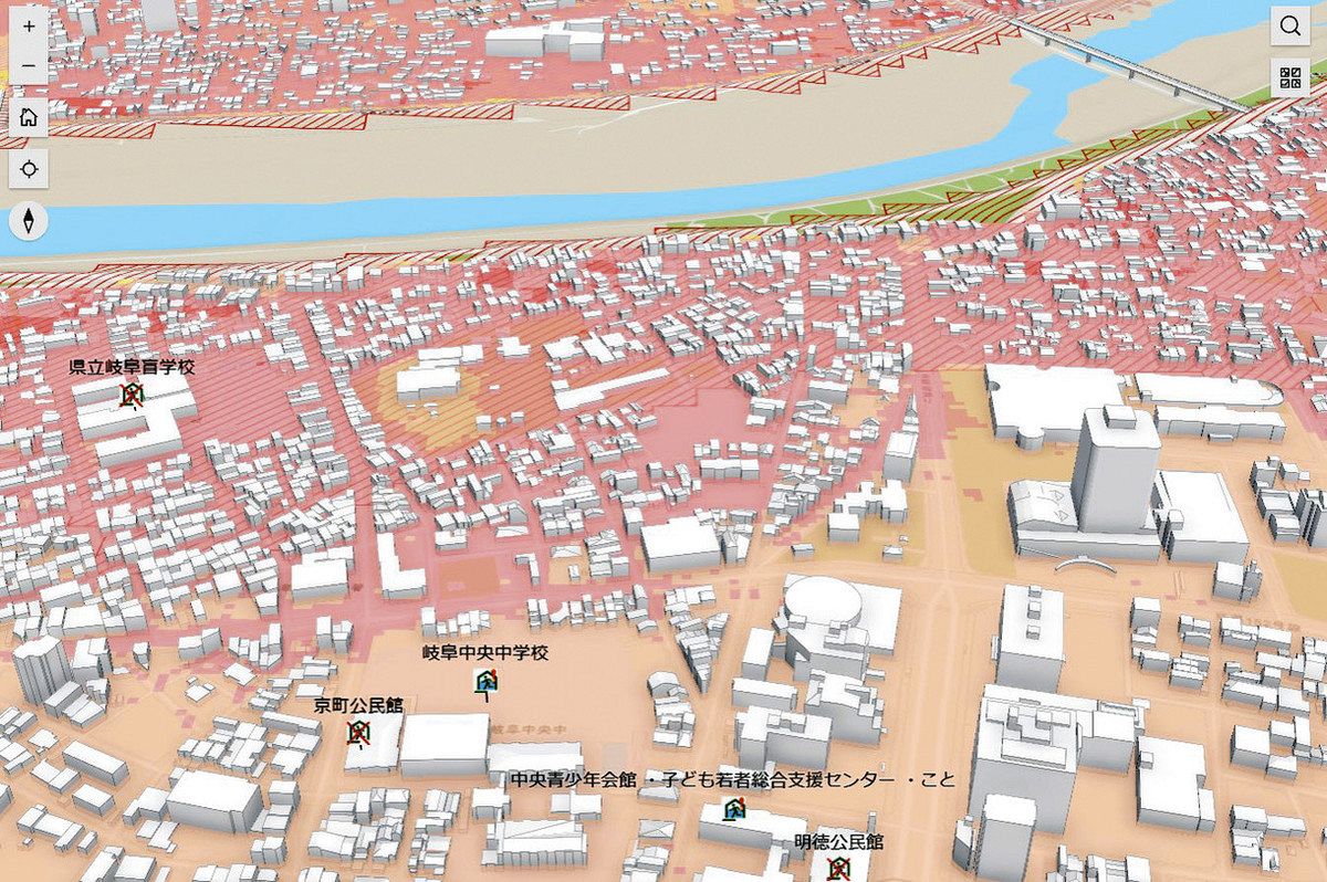 岐阜市、HPで「3D洪水ハザードマップ」公開 浸水深さや避難先