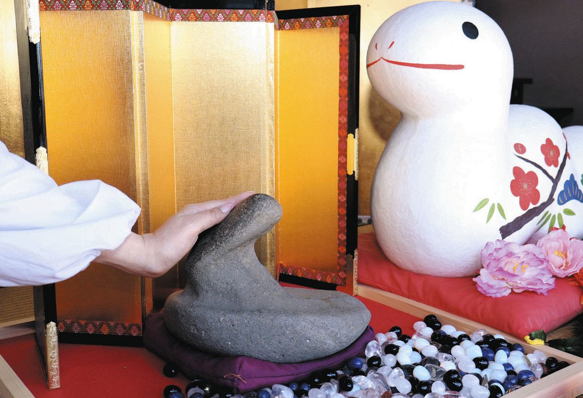 巳年にちなみ「蛇石」をなで良い年に いなべ・金井神社拝殿で公開：中