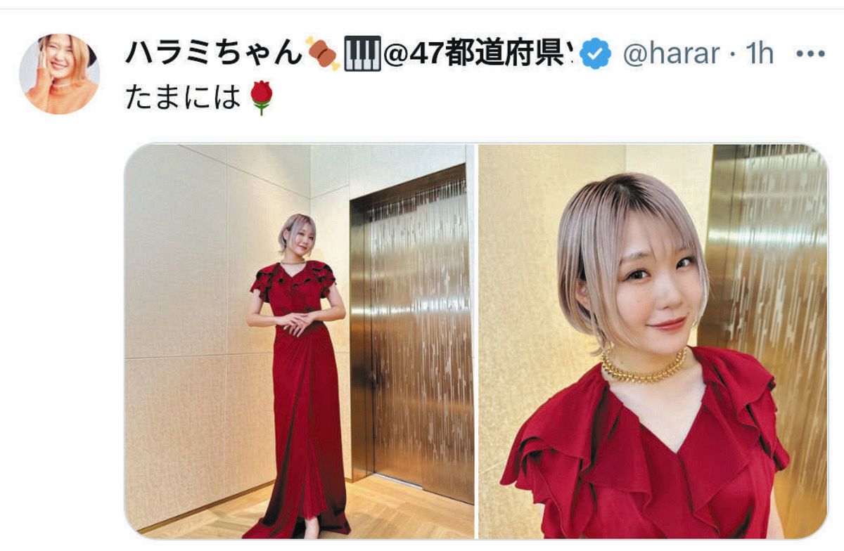 はらみ ◇ハラミちゃん、エレガントな赤のロングドレス姿【写真】：中日