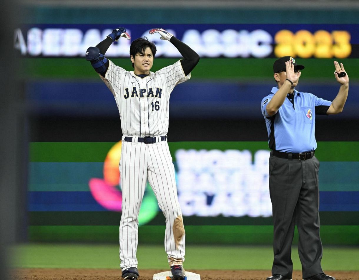 ◇大谷翔平、前回WBCメキシコ戦で9回先頭二塁打を放った後の雄たけび 