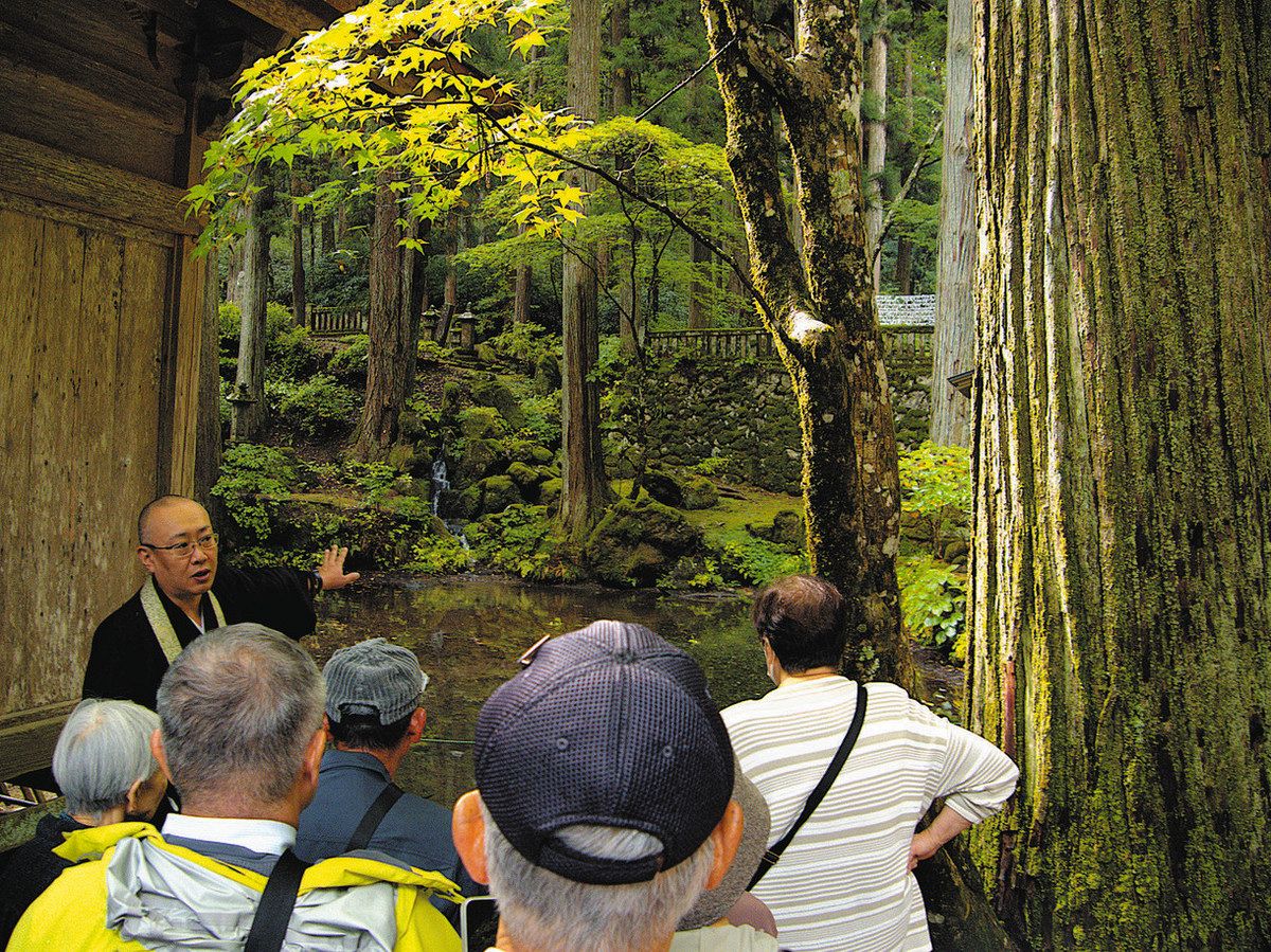 吉沢住職（左）の案内で庭園を見学する参加者＝駒ケ根市の光前寺で

