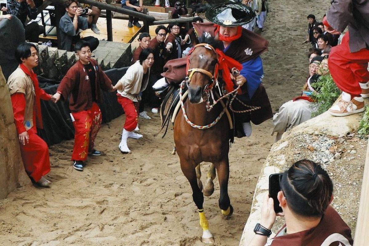 馬上の人 動画】上げ馬神事、勢いよく坂駆け上がる 三重県桑名市の多度大社：中