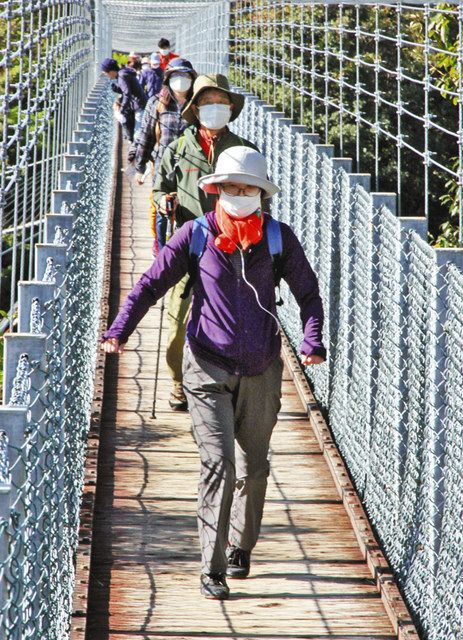 高さ約４８メートルのつり橋を渡る参加者＝浜松市浜北区の県立森林公園で