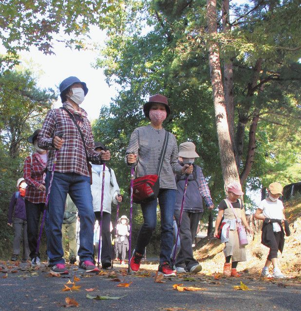 色づき始めた紅葉をめでながら歩く参加者＝浜松市浜北区の県立森林公園で