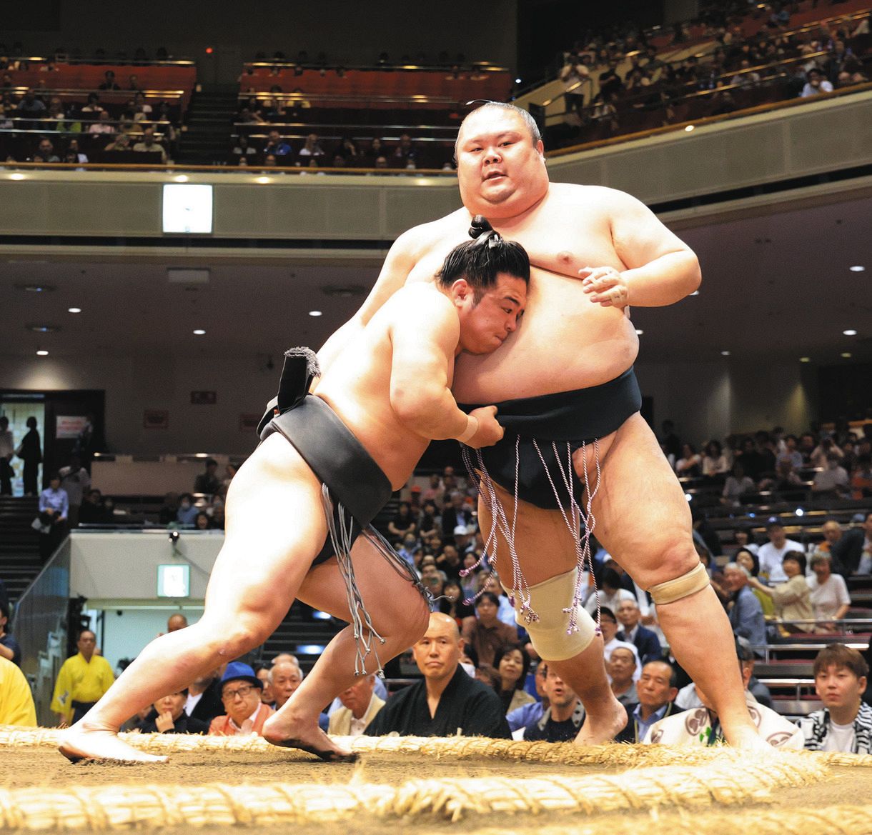 夏場所４日目、寄り切りで千代丸を破った炎鵬（左）