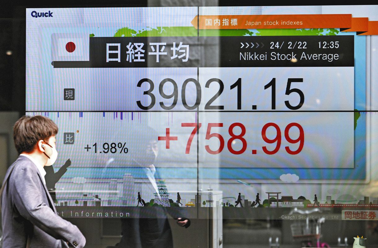 日経平均株価、終値で34年ぶり史上最高値更新 バブル期を超え3万9000円台に：中日新聞Web